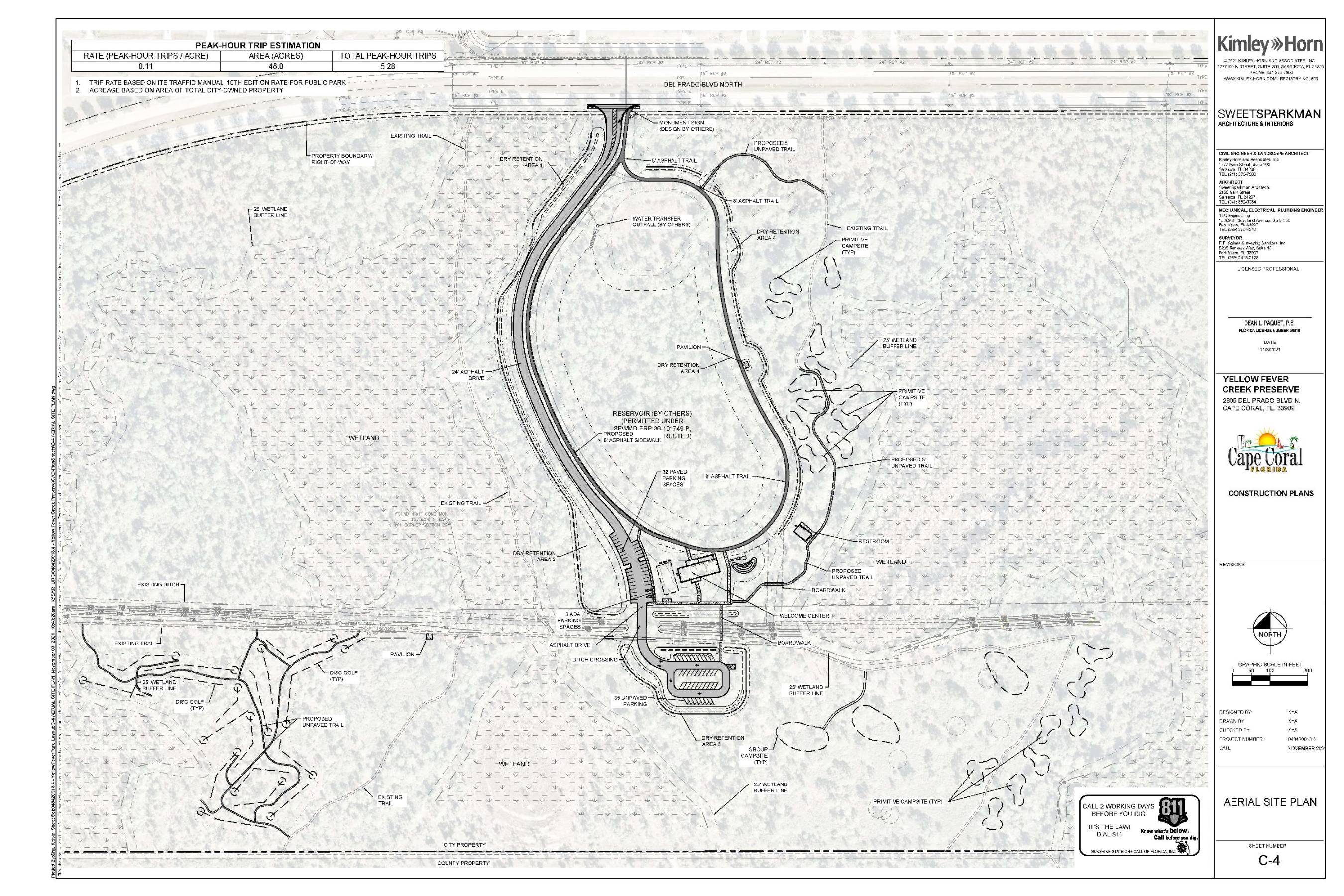 Map of Yellow Fever Creek Preserve showing surrounding area and locations of amenities: monument sign, asphalt trails, pavilions, paved and unpaved parking spaces, primitive campsites, group campsites, restrooms, boardwalk, welcome center, disc golf area, and existing trails